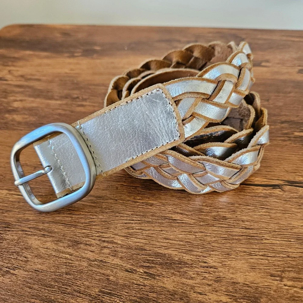 J.Jill Vintage Aged Silver Brown Painted Leather Braided Belt Wide Statement L